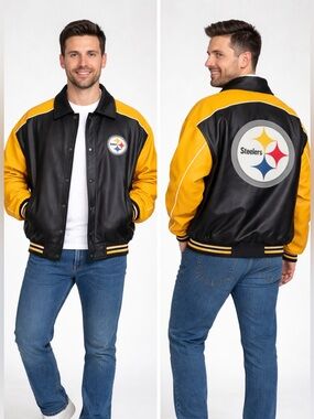 Pittsburgh Steelers Varsity Jacket Black Yellow Logo Faux Leather | Men’s xl